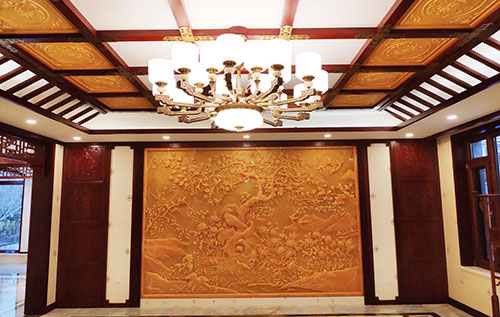 巴彦淖尔中式别墅客厅中式木作横梁吊顶装饰展示